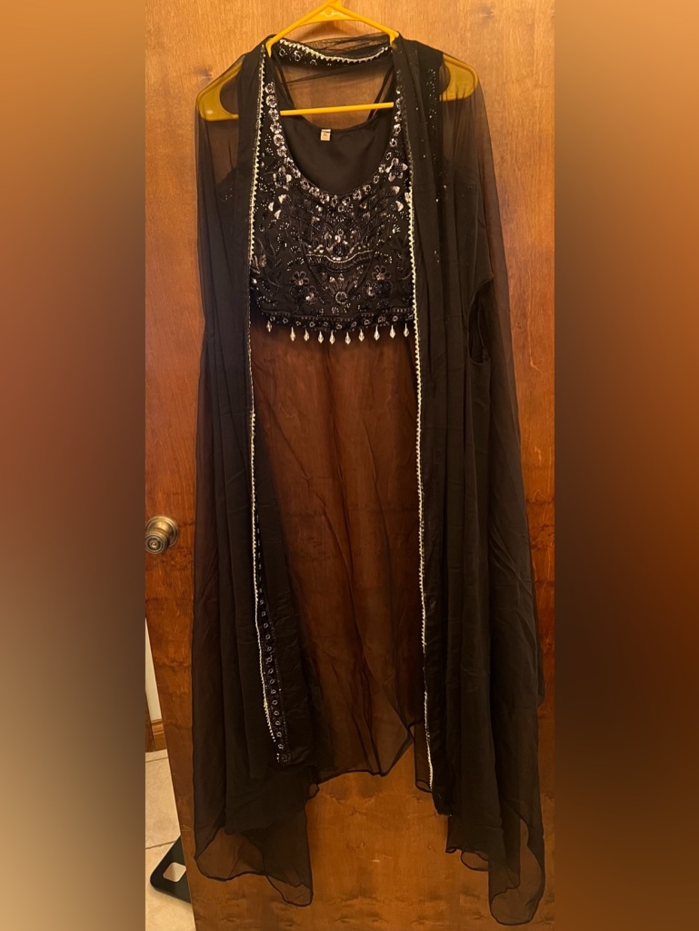 Black Embroidered Crop Top & Skirt Set with Shrug